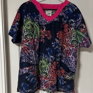 Woman’s scrip top Navy Multi-Color V-Neck Top with Pink Trim